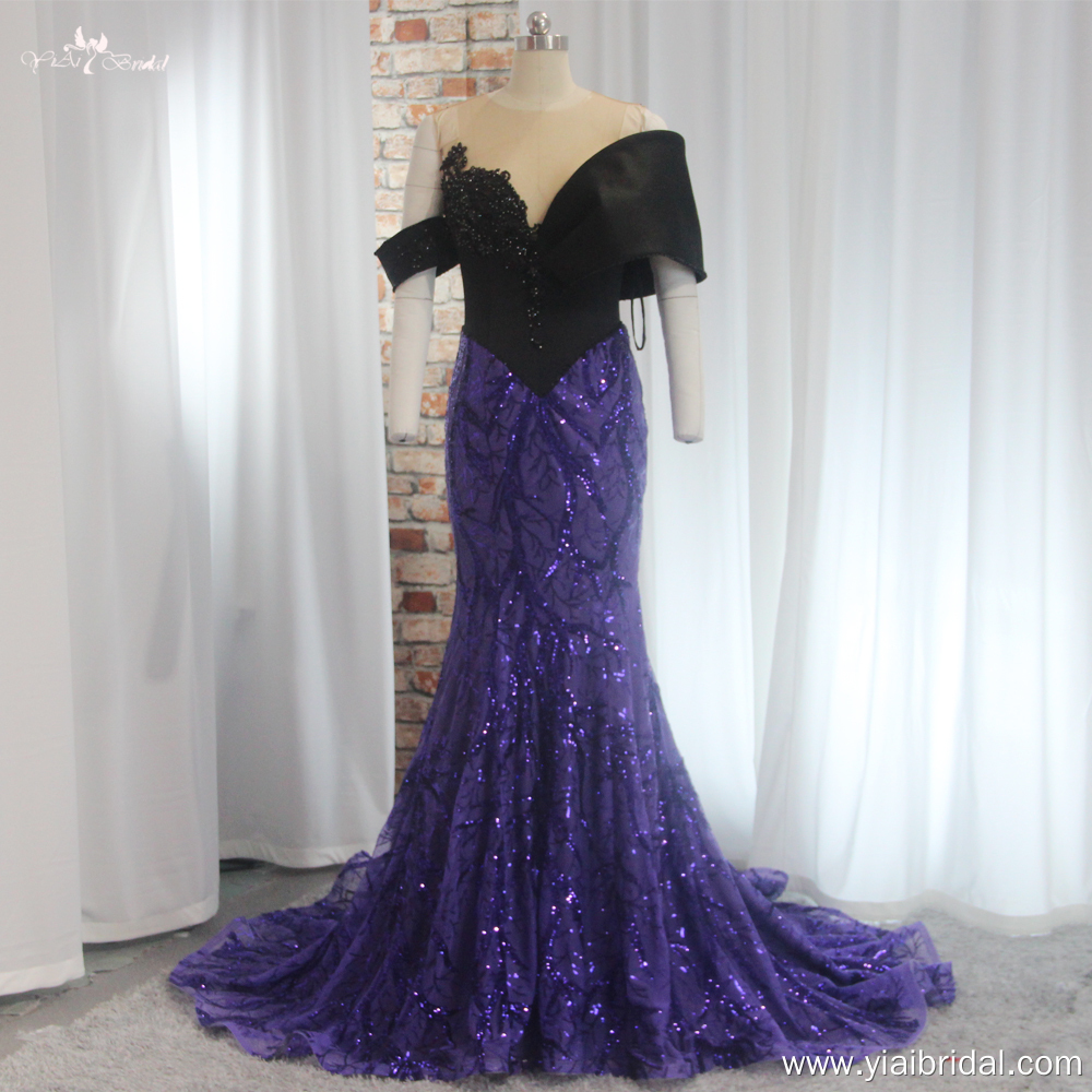 Latest African Mermaid Evening Dress RSE950 Sequin Glitters Purple Lace Black Top Body WIth Exaggerated Shoulder 9
