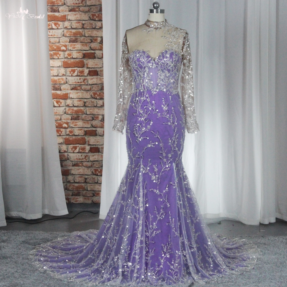 RSE946 Rami di pizzo con paillettes a maniche lunghe viola per abito da sera 1