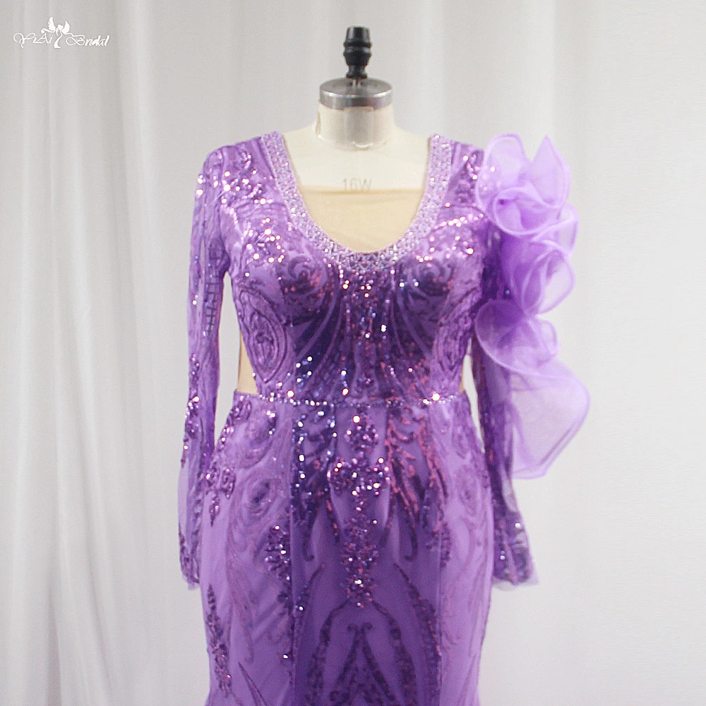 LZF133 Лилава вечерна рокля тип русалка с дълги ръкави и висока цепка 1