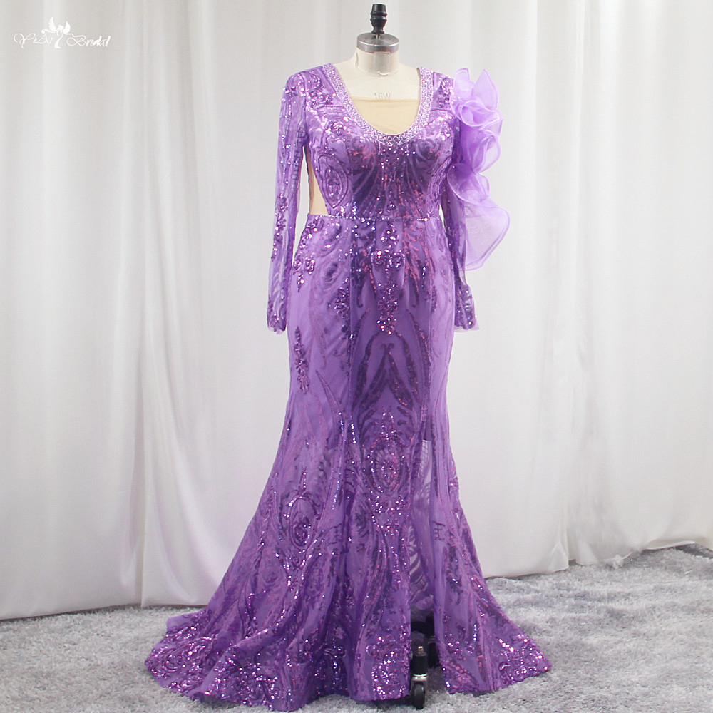 LZF133 Лилава вечерна рокля тип русалка с дълги ръкави и висока цепка 7