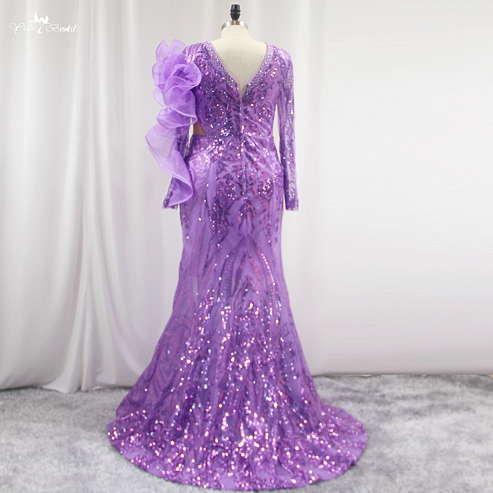 LZF133 Лилава вечерна рокля тип русалка с дълги ръкави и висока цепка 8