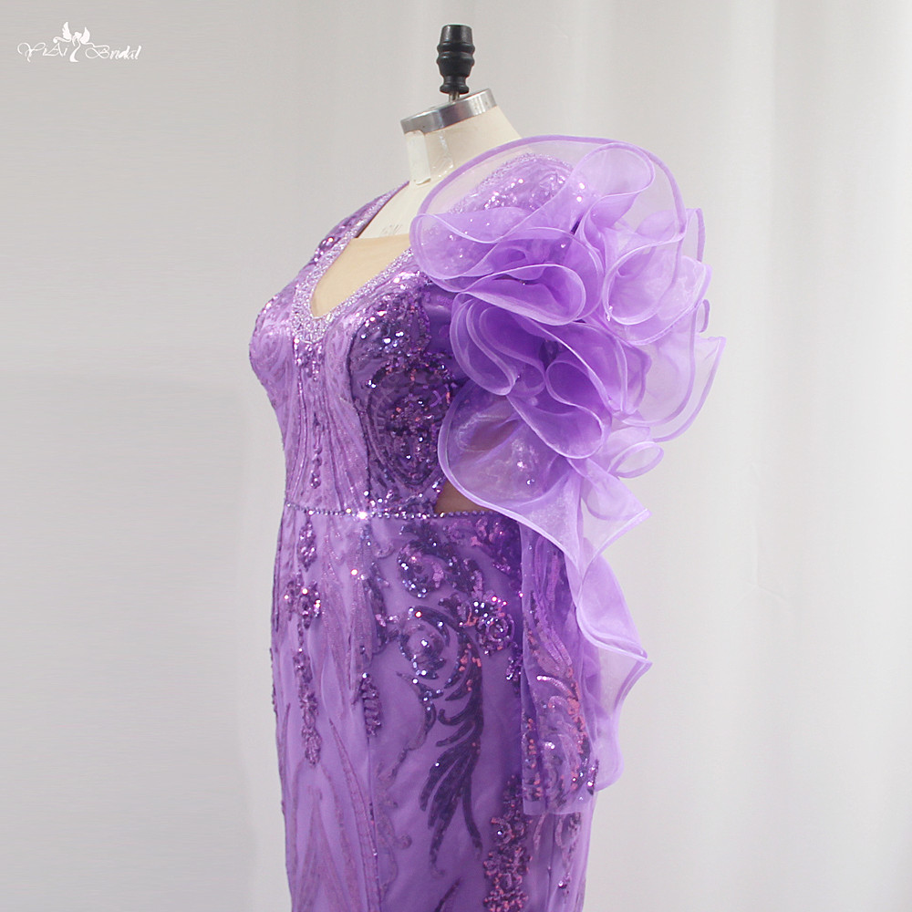 LZF133 Лилава вечерна рокля тип русалка с дълги ръкави и висока цепка 9