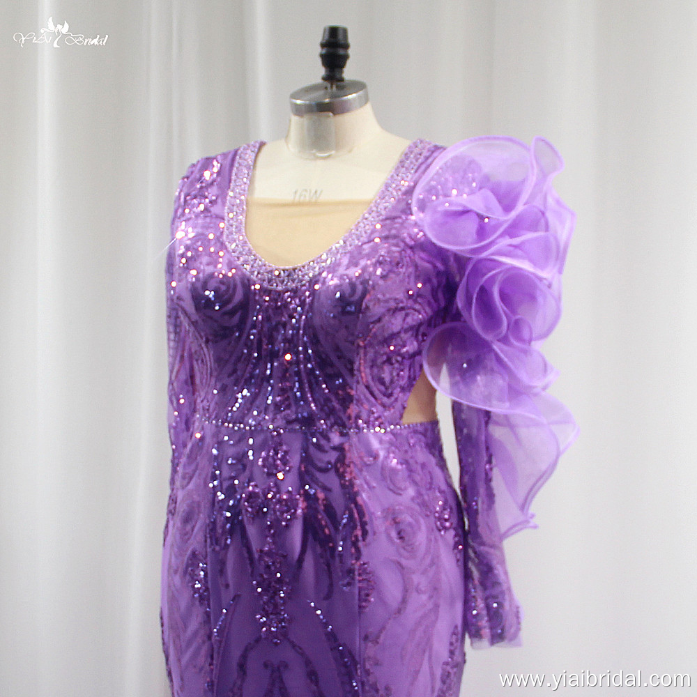 LZF133 Лилава вечерна рокля тип русалка с дълги ръкави и висока цепка 10