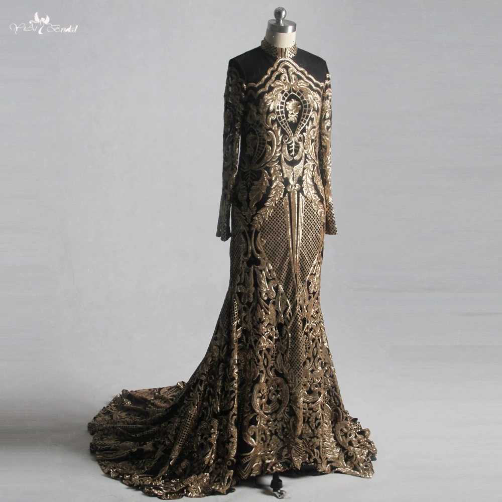 LZF067 Черна и златиста вечерна рокля за вечерна вечерна рокля с дълги ръкави Mulim 1