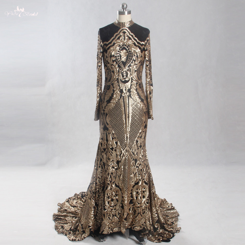 LZF067 Черна и златиста вечерна рокля за вечерна вечерна рокля с дълги ръкави Mulim 7