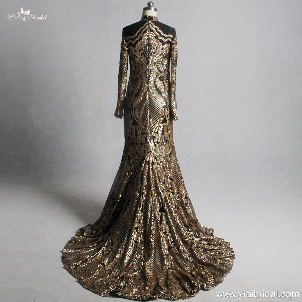 LZF067 Черна и златиста вечерна рокля за вечерна вечерна рокля с дълги ръкави Mulim 9
