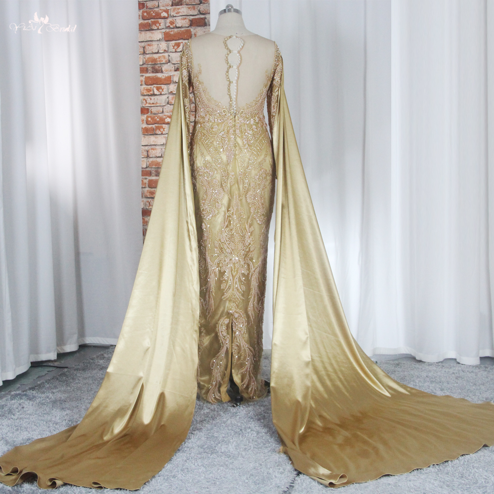 Dubai Muhteşem Altın Pullu Abiye Elbiseler RSE948 Ağır Boncuk Dantel Aplike Büyük Beden Parti Elbisesi Çıkarılabilir Pelerinli 14