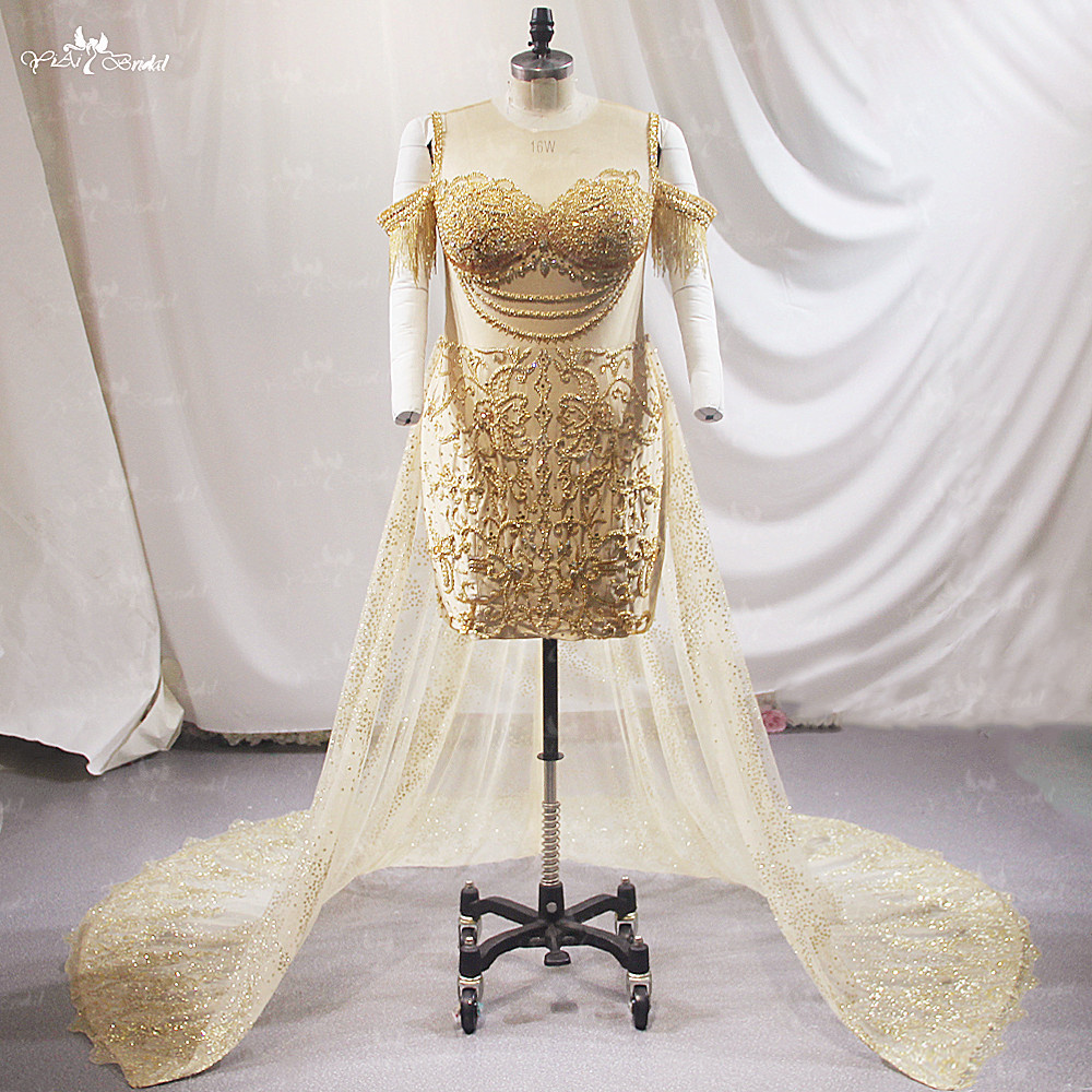 Gorgeous Gold Color Short Party Dress LZF165 Off The Shoulder Crystal Beading Wedding Reception Dress With Removable Train 11