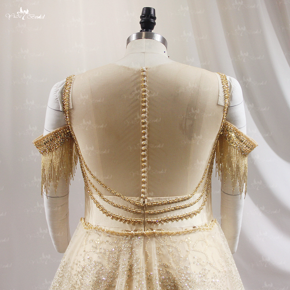 Gorgeous Gold Color Short Party Dress LZF165 Off The Shoulder Crystal Beading Wedding Reception Dress With Removable Train 14