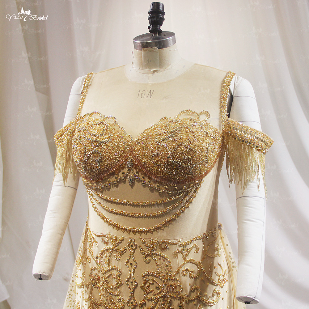 Gorgeous Gold Color Short Party Dress LZF165 Off The Shoulder Crystal Beading Wedding Reception Dress With Removable Train 13