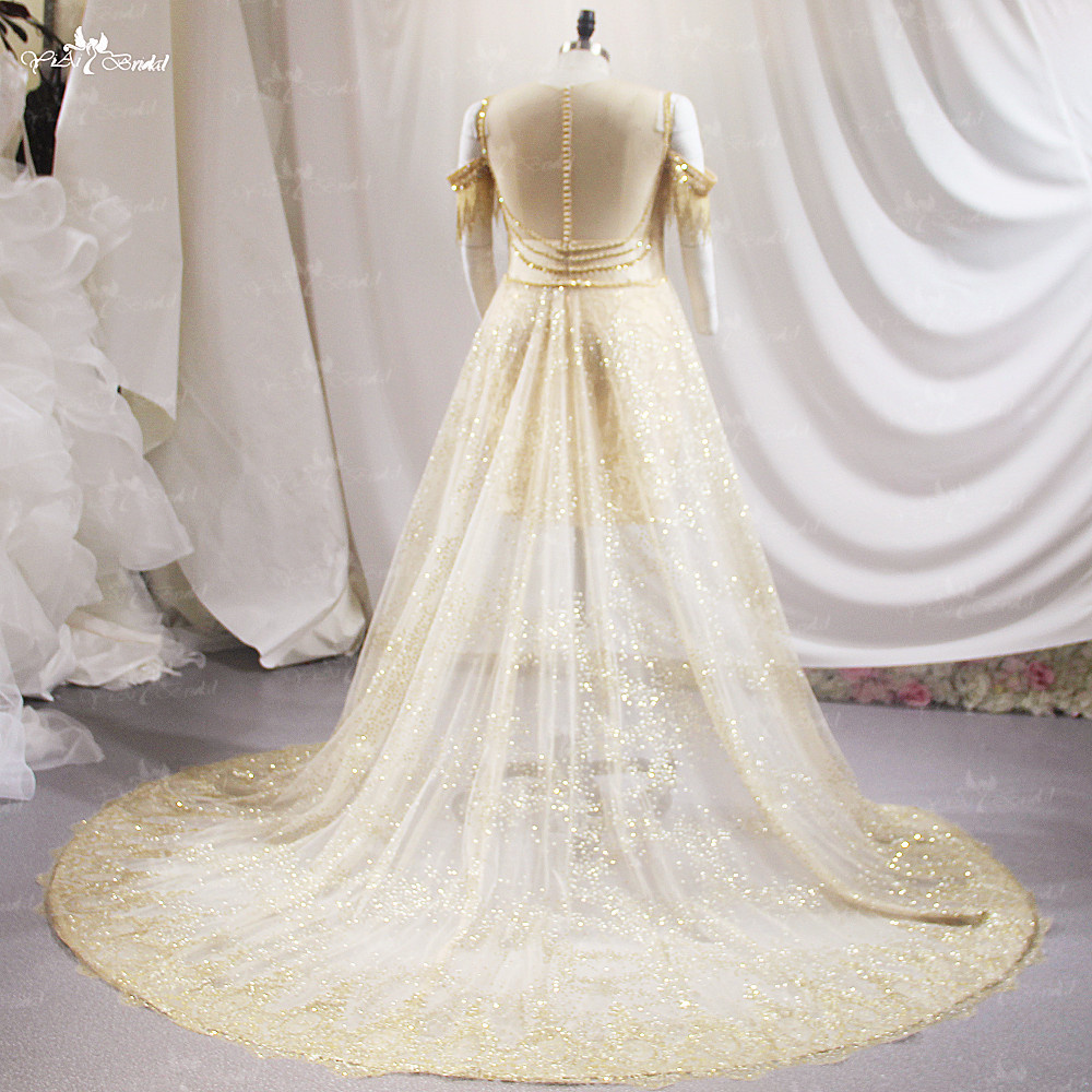 Gorgeous Gold Color Short Party Dress LZF165 Off The Shoulder Crystal Beading Wedding Reception Dress With Removable Train 12