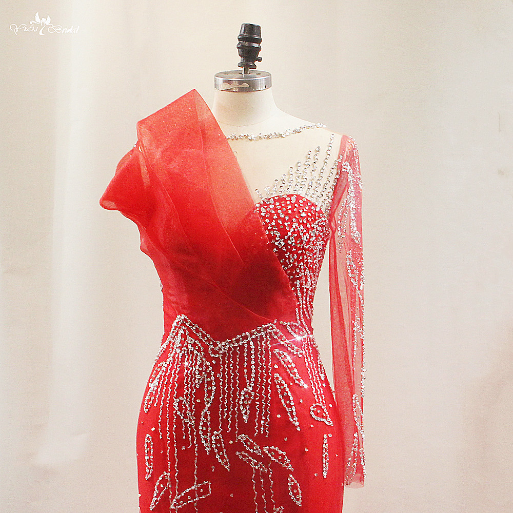 Red Reception Prom Dress Designer LZF136 Wedding Dress Silver Beading Mermaid Dress 12