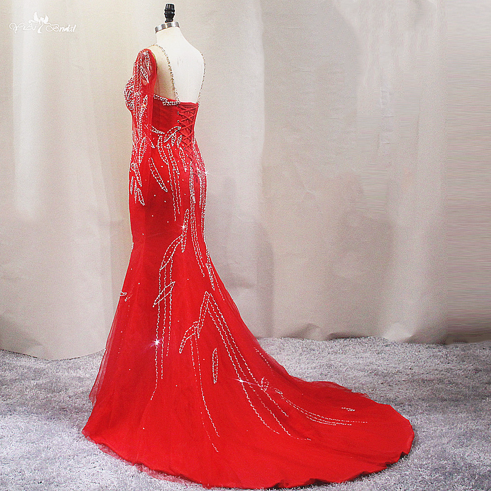 Red Reception Prom Dress Designer LZF136 Wedding Dress Silver Beading Mermaid Dress 14