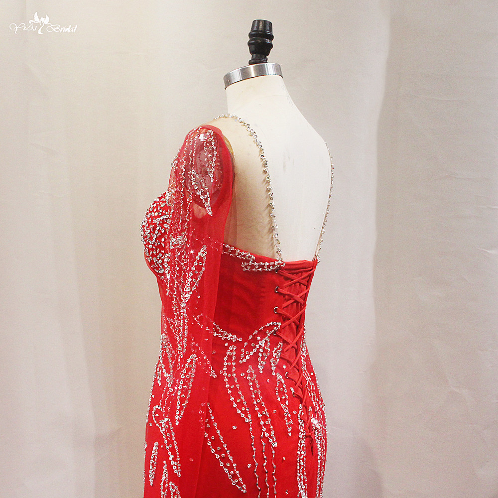 Red Reception Prom Dress Designer LZF136 Wedding Dress Silver Beading Mermaid Dress 13