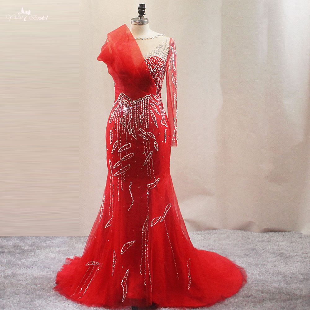Red Reception Prom Dress Designer LZF136 Wedding Dress Silver Beading Mermaid Dress 11