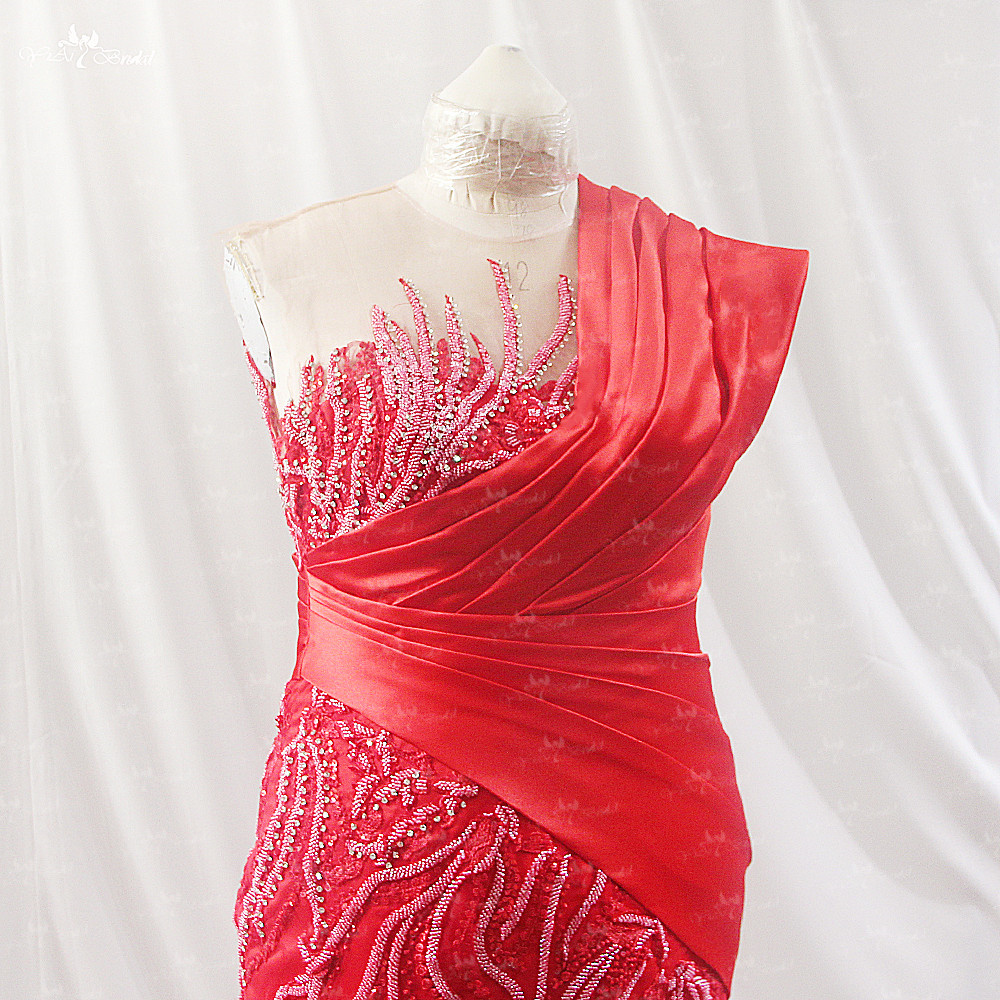 Kırmızı Kılıflı Resepsiyon Düğün Parti Elbisesi LZF166 Boncuklu Dallar Tek Omuz Saten Elbise 12