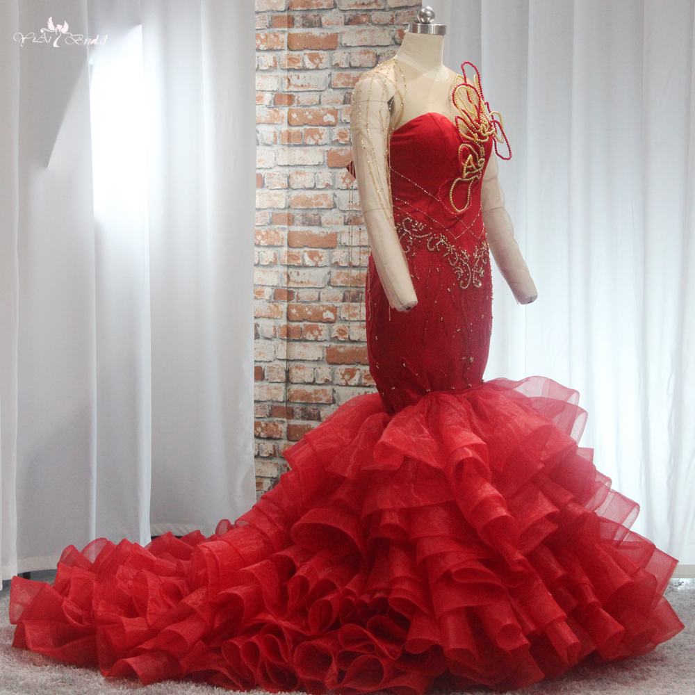 Red Reception Wedding Party Dress RSW1906 Long Sleeves Gold Beads With Detachable Ruffles Skirt Wedding Dress 13