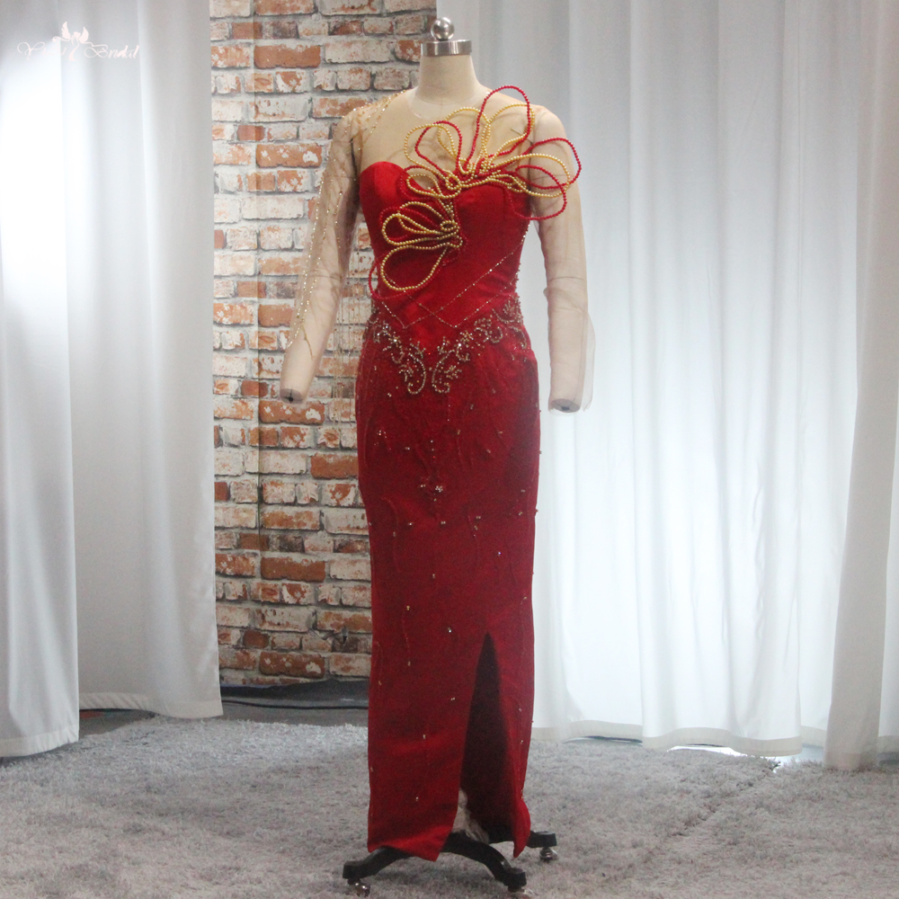 Red Reception Wedding Party Dress RSW1906 Long Sleeves Gold Beads With Detachable Ruffles Skirt Wedding Dress 14