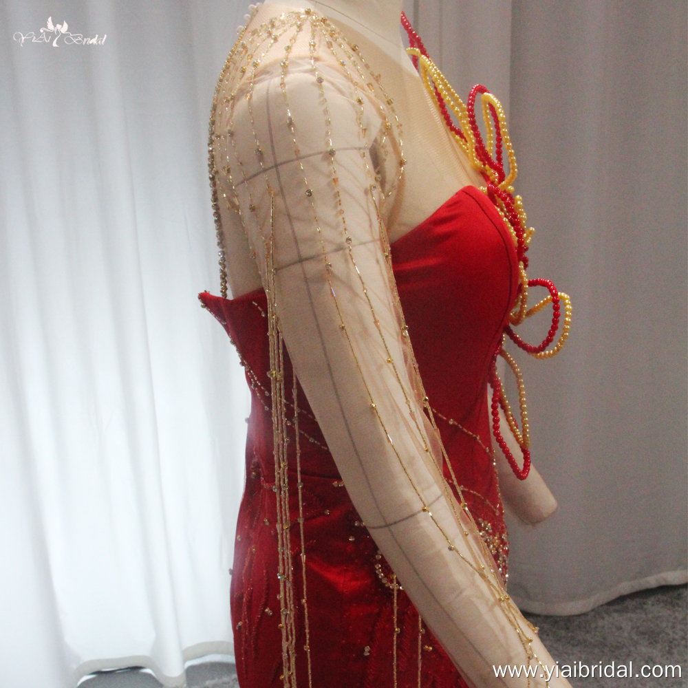 Red Reception Wedding Party Dress RSW1906 Long Sleeves Gold Beads With Detachable Ruffles Skirt Wedding Dress 15