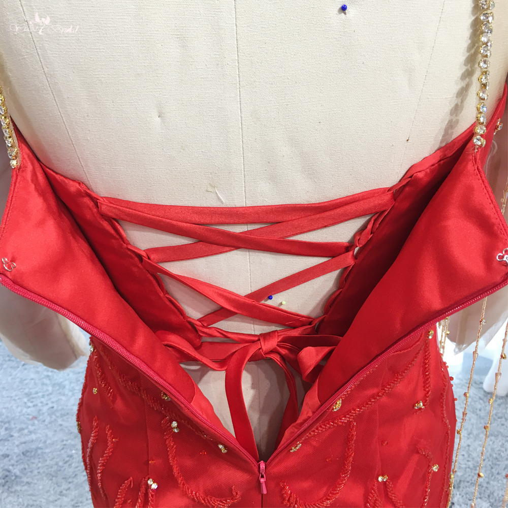 Red Reception Wedding Party Dress RSW1906 Long Sleeves Gold Beads With Detachable Ruffles Skirt Wedding Dress 16