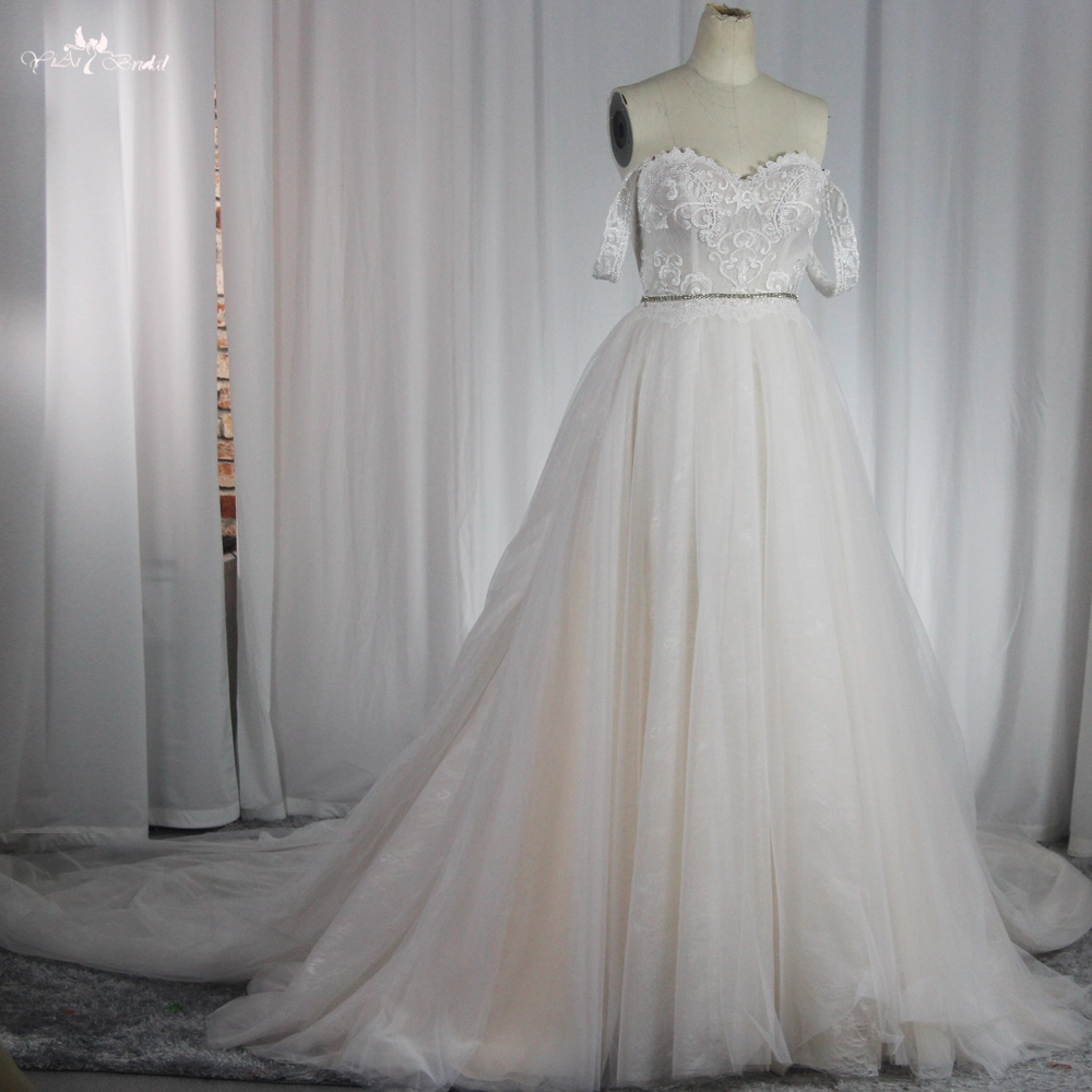 RSW1854 Blush Champagne Off Shoulder A Line Wedding Dress With Detachable Train 1