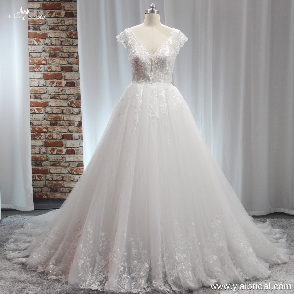 RSW1899 V Neckline Cap Sleeves Wedding Dress A Line With Detachable Skirt 1