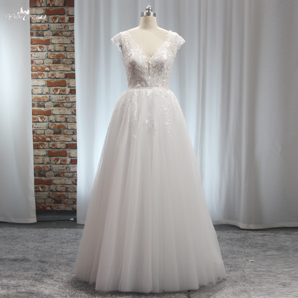 RSW1899 V Neckline Cap Sleeves Wedding Dress A Line With Detachable Skirt 10