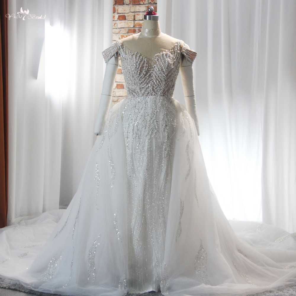 RSW1891 Off The Shoulder Crystal Pearls Beaded Africa Glitter Wedding Dress With Detachable Train 8