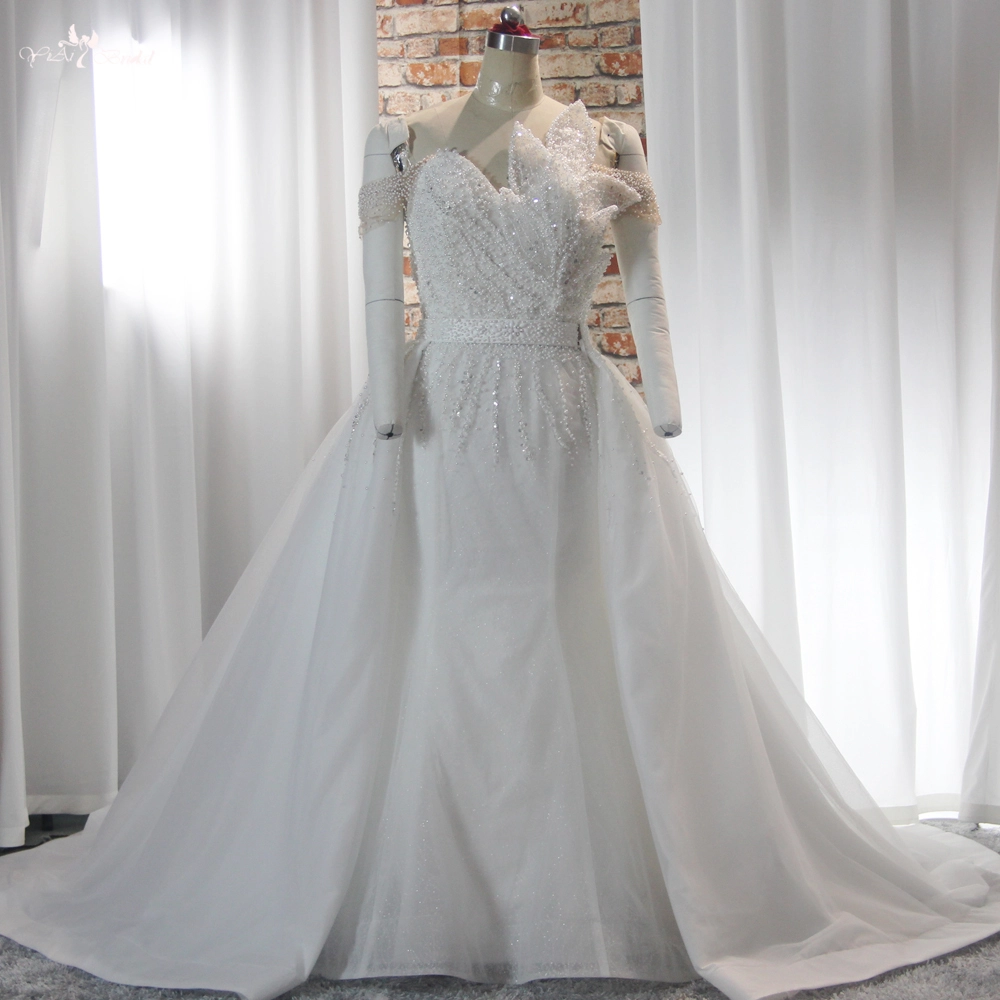 RSW1890 Off The Shoulder Pearls Beading Wedding Dress With Detachable Train 1