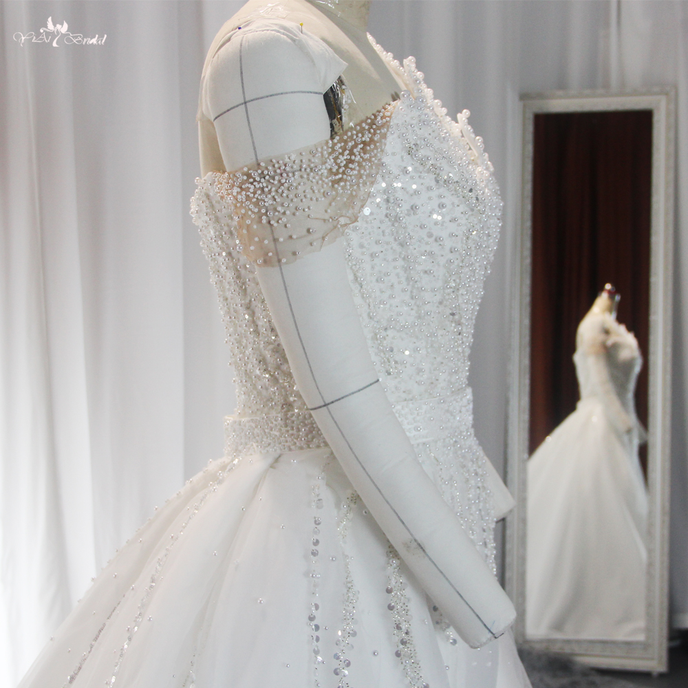 RSW1890 Off The Shoulder Pearls Beading Wedding Dress With Detachable Train 9