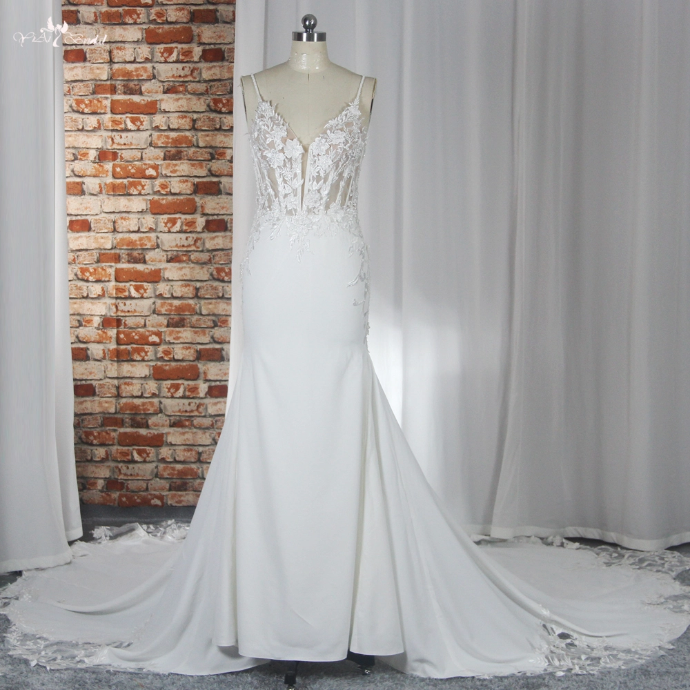 RSW1883 Булчинска рокля с дълъг шлейф Матиран еластичен сатен с изрязана дантела с шлейф 1