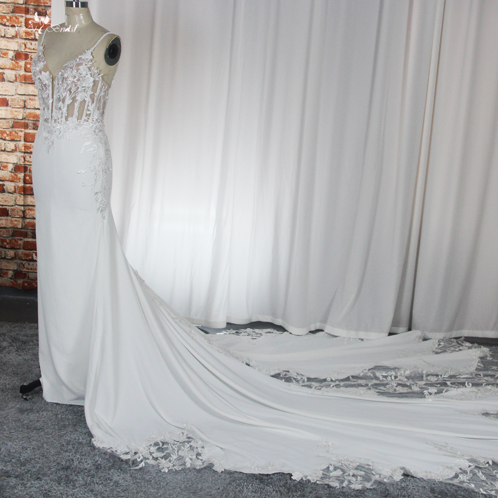 RSW1883 Булчинска рокля с дълъг шлейф Матиран еластичен сатен с изрязана дантела с шлейф 7