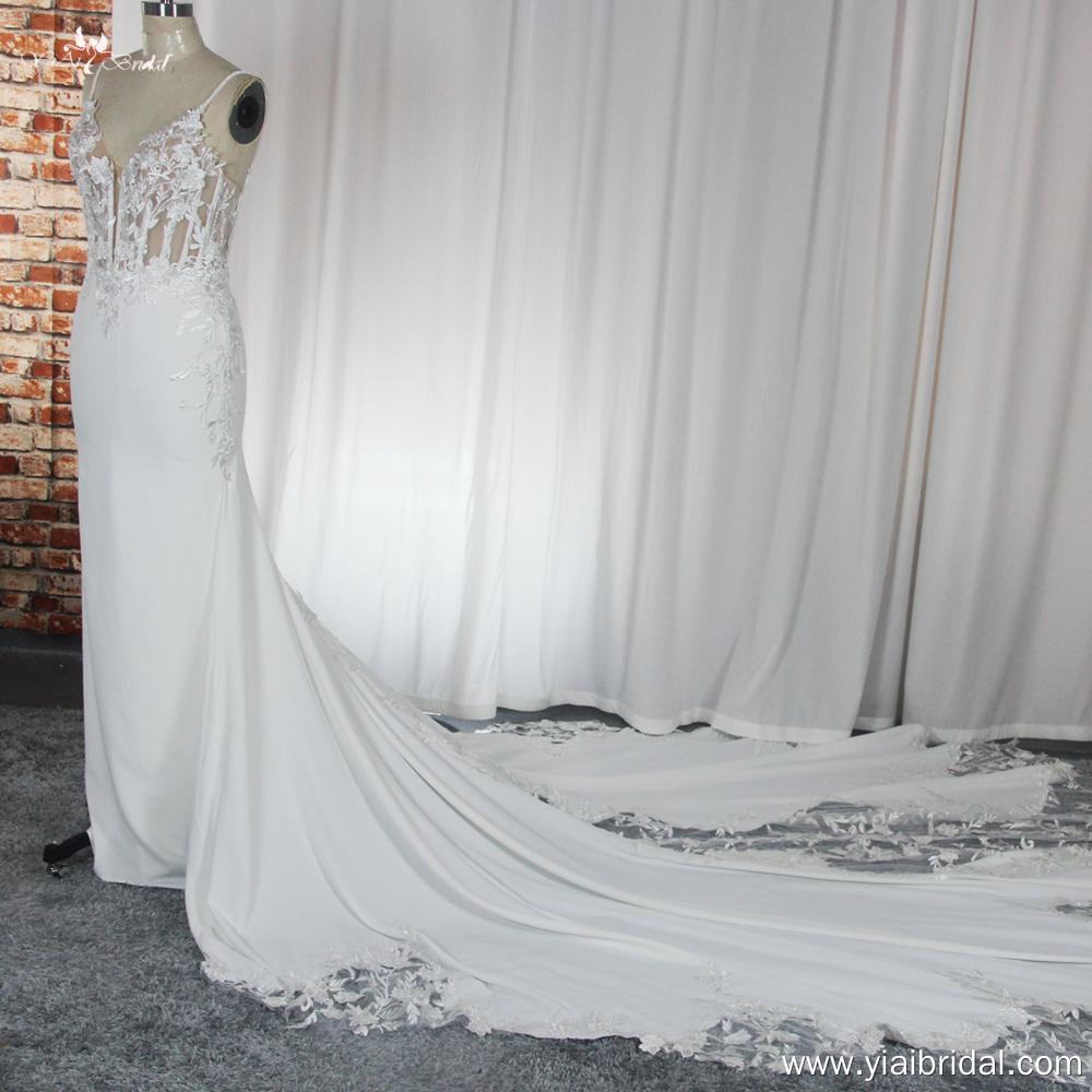 RSW1883 Булчинска рокля с дълъг шлейф Матиран еластичен сатен с изрязана дантела с шлейф 10