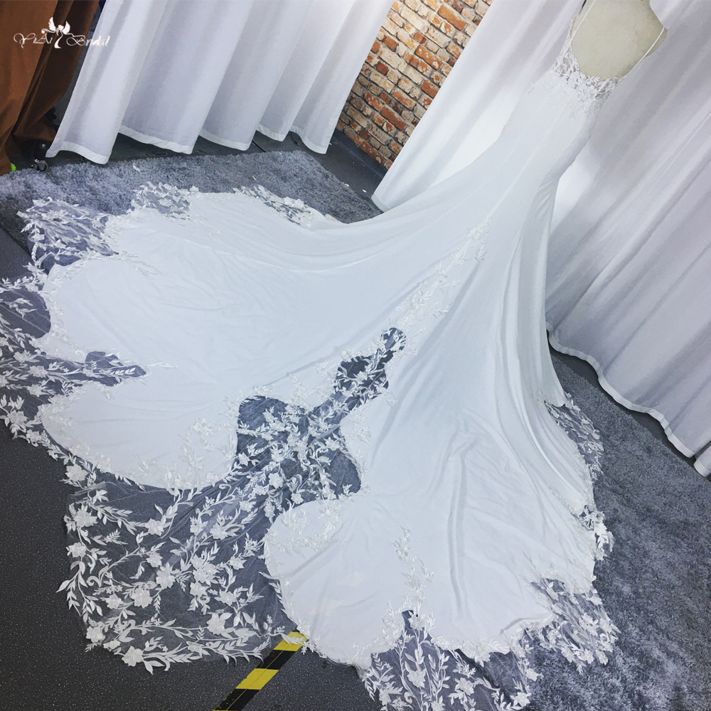 RSW1883 Булчинска рокля с дълъг шлейф Матиран еластичен сатен с изрязана дантела с шлейф 9