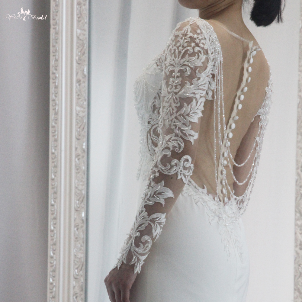 RSW1897 Булчинска рокля с матов еластичен сатен с дълги ръкави с илюзия на гърба и изрязан шлейф 11