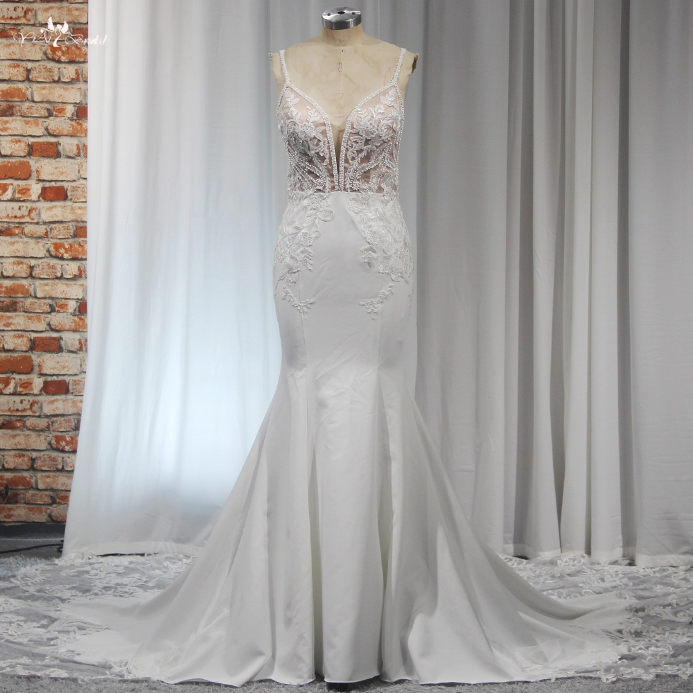 RSW1911 Сатенена булчинска рокля тип русалка с презрамки и изрязан шлейф 1