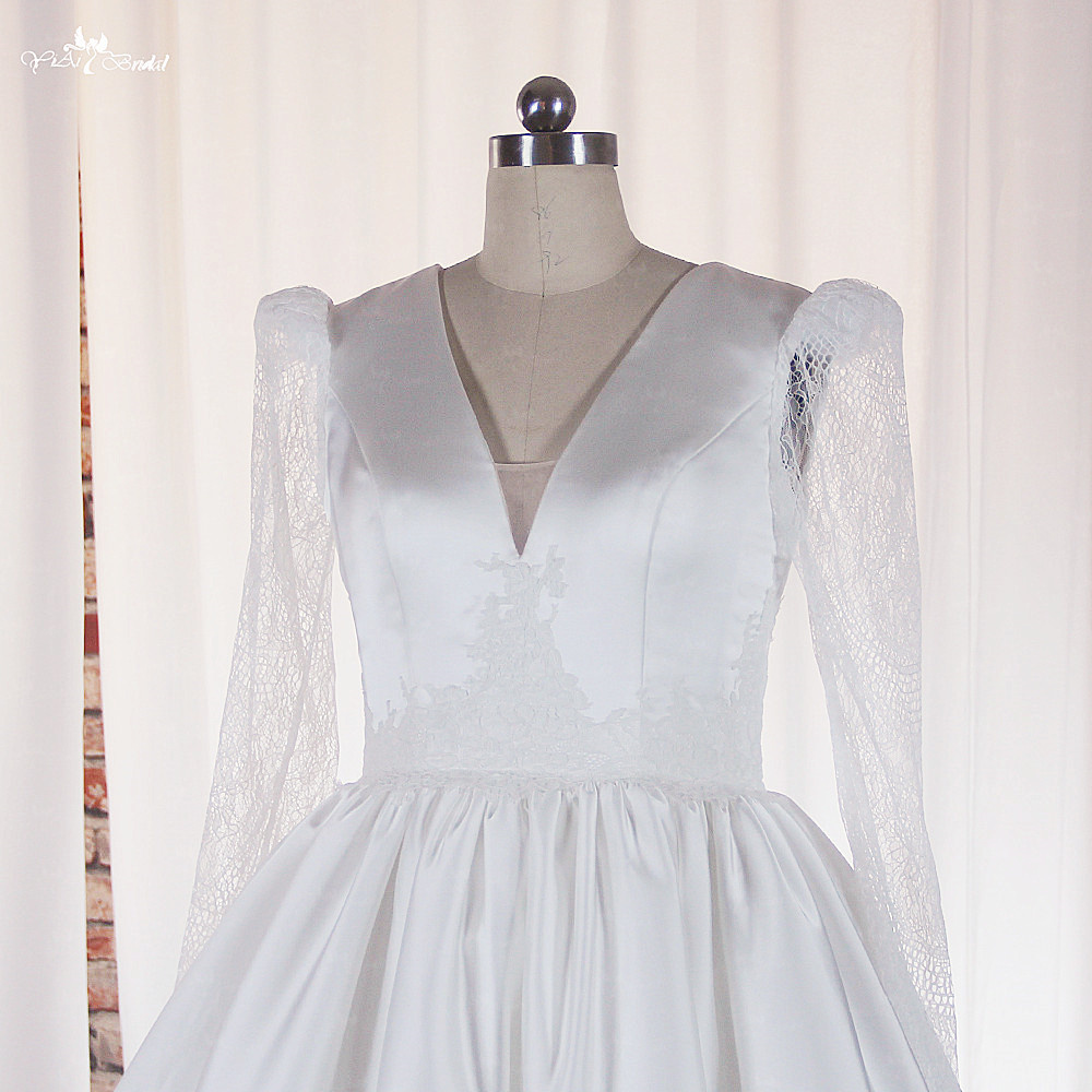 LZ513 Puffy Lace Long Sleeves V Neckline Short Midi Wedding Dress 10