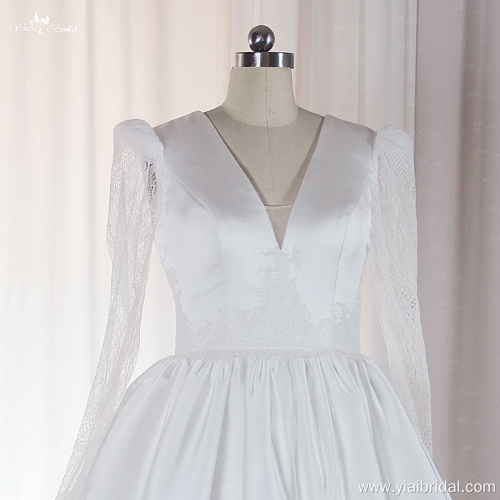 LZ513 Puffy Lace Long Sleeves V Neckline Short Midi Wedding Dress 9