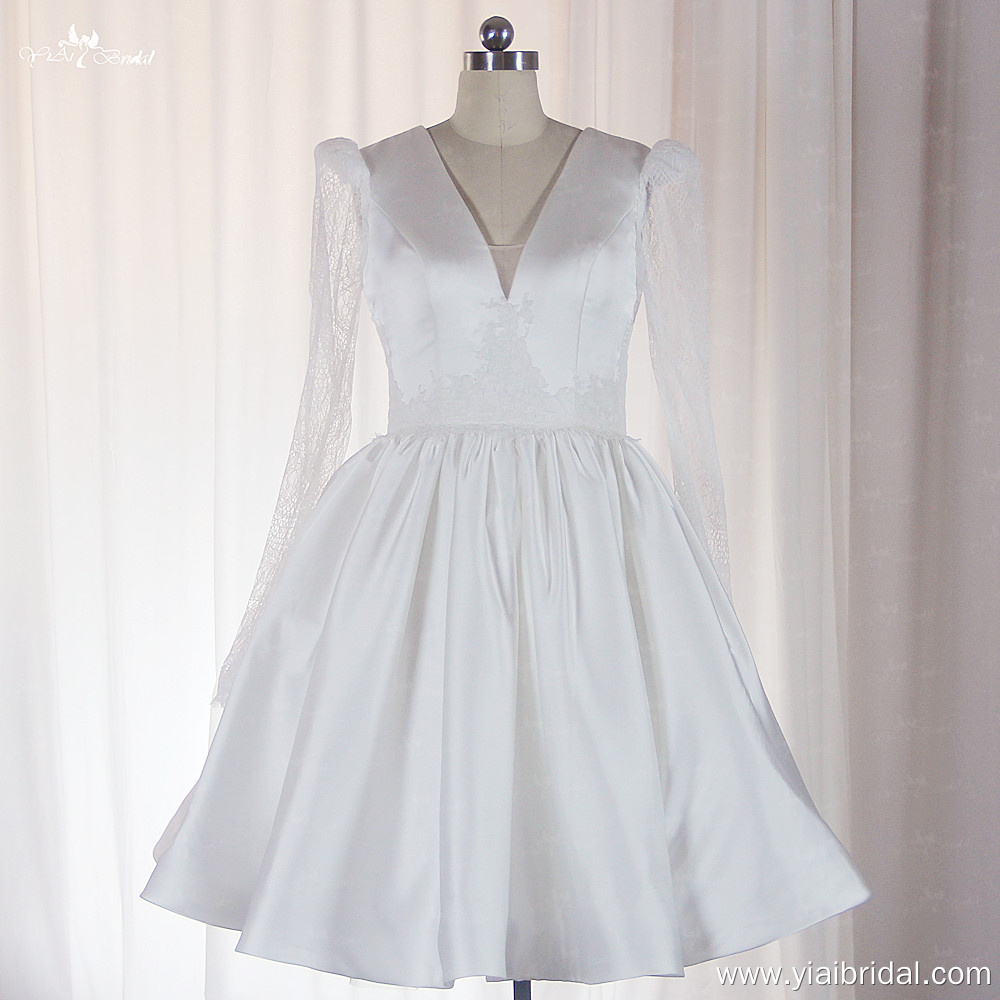 LZ513 Puffy Lace Long Sleeves V Neckline Short Midi Wedding Dress 7