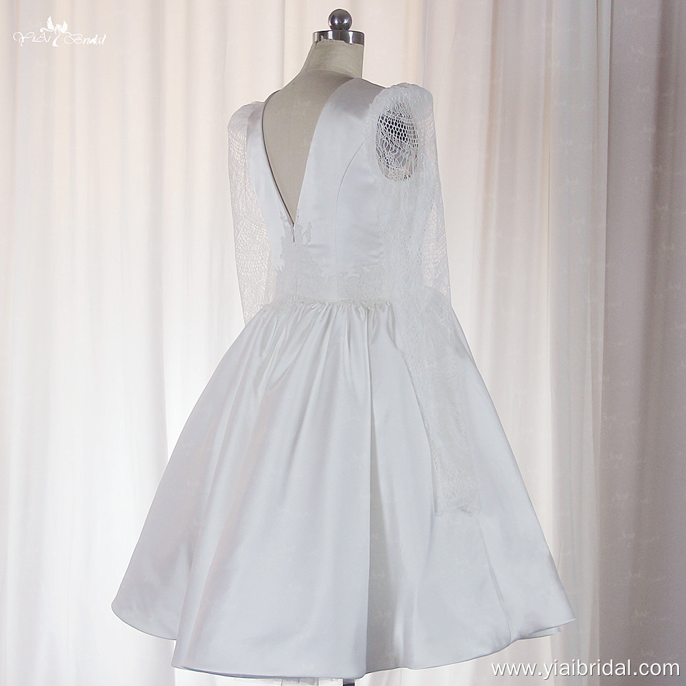 LZ513 Puffy Lace Long Sleeves V Neckline Short Midi Wedding Dress 8