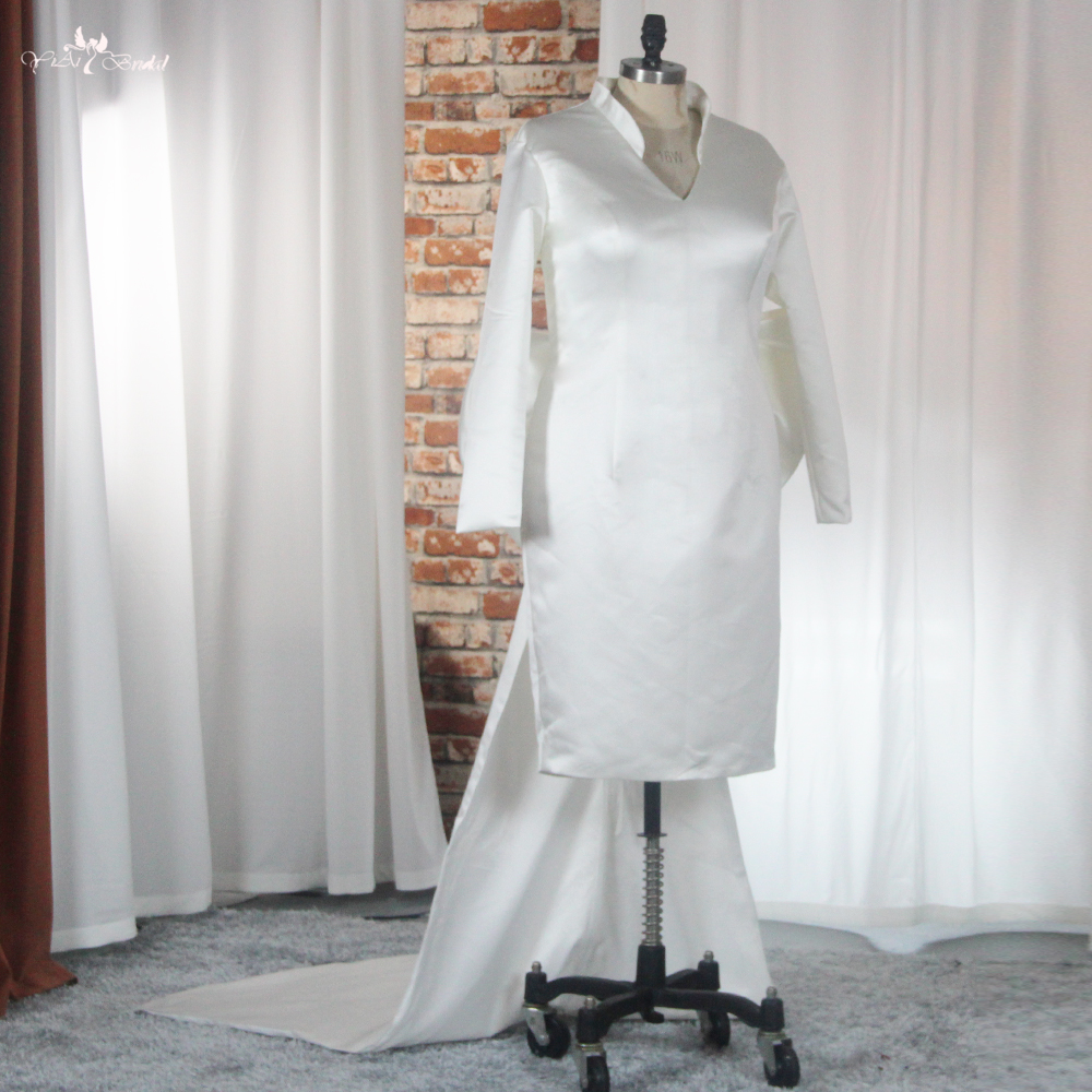 Knee Length Civil Wedding Dress Satin Bridal Dress With Bow Ribbon RSW1866 Long Sleeve Party Dress Elegant Cocktail Semi Formal Prom Dress 11