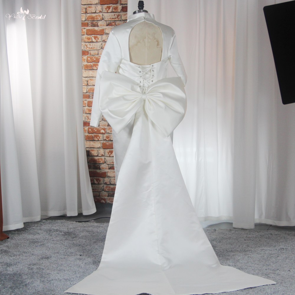 Knee Length Civil Wedding Dress Satin Bridal Dress With Bow Ribbon RSW1866 Long Sleeve Party Dress Elegant Cocktail Semi Formal Prom Dress 12