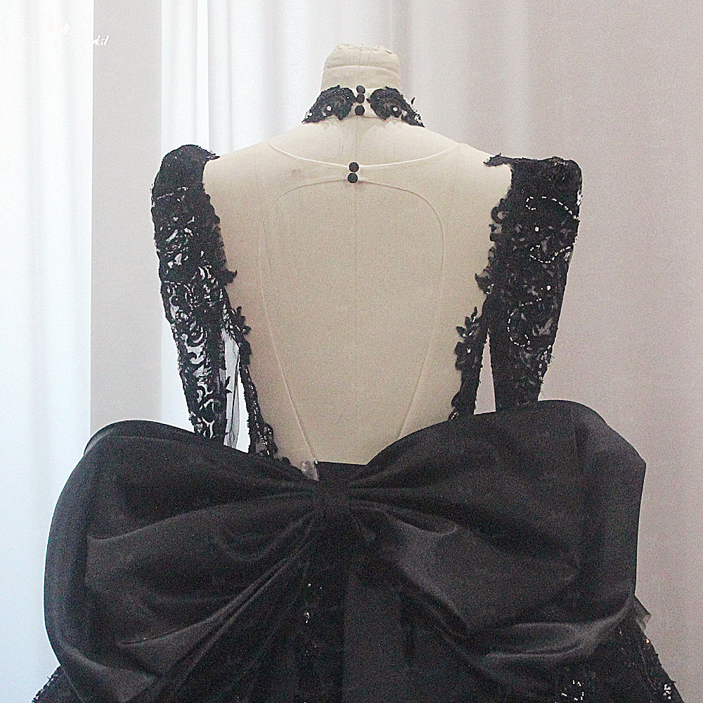 Black Wedding Gown Gothic Style LZ521 Long Sleeves Puffy Shoulders Satin Bridal Dresses 10