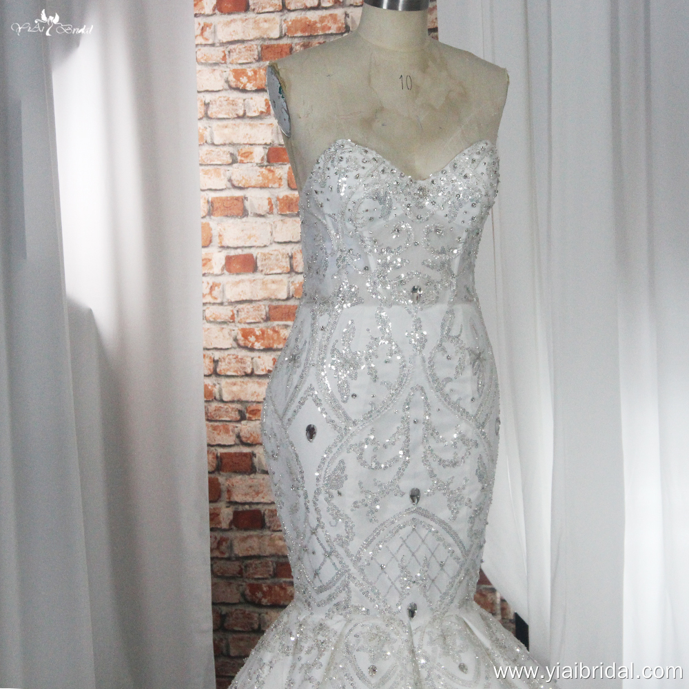 RSW1830 Mermaid Wedding Dress Satin Silver Crystal Beaded Lace Bride Dress 10