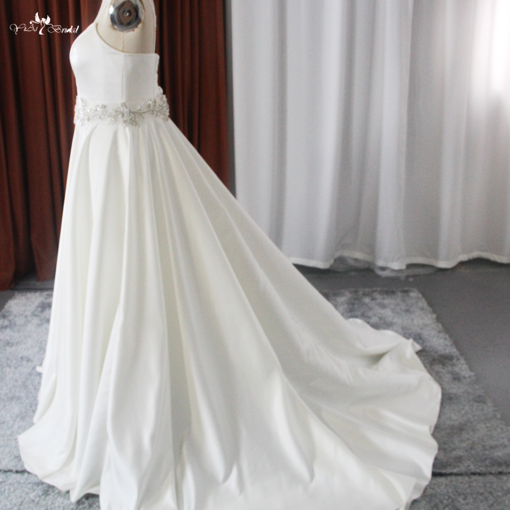 RSW1862 A line Satin Wedding Dress Crystal Beading Belt With Spaghetti Straps 7