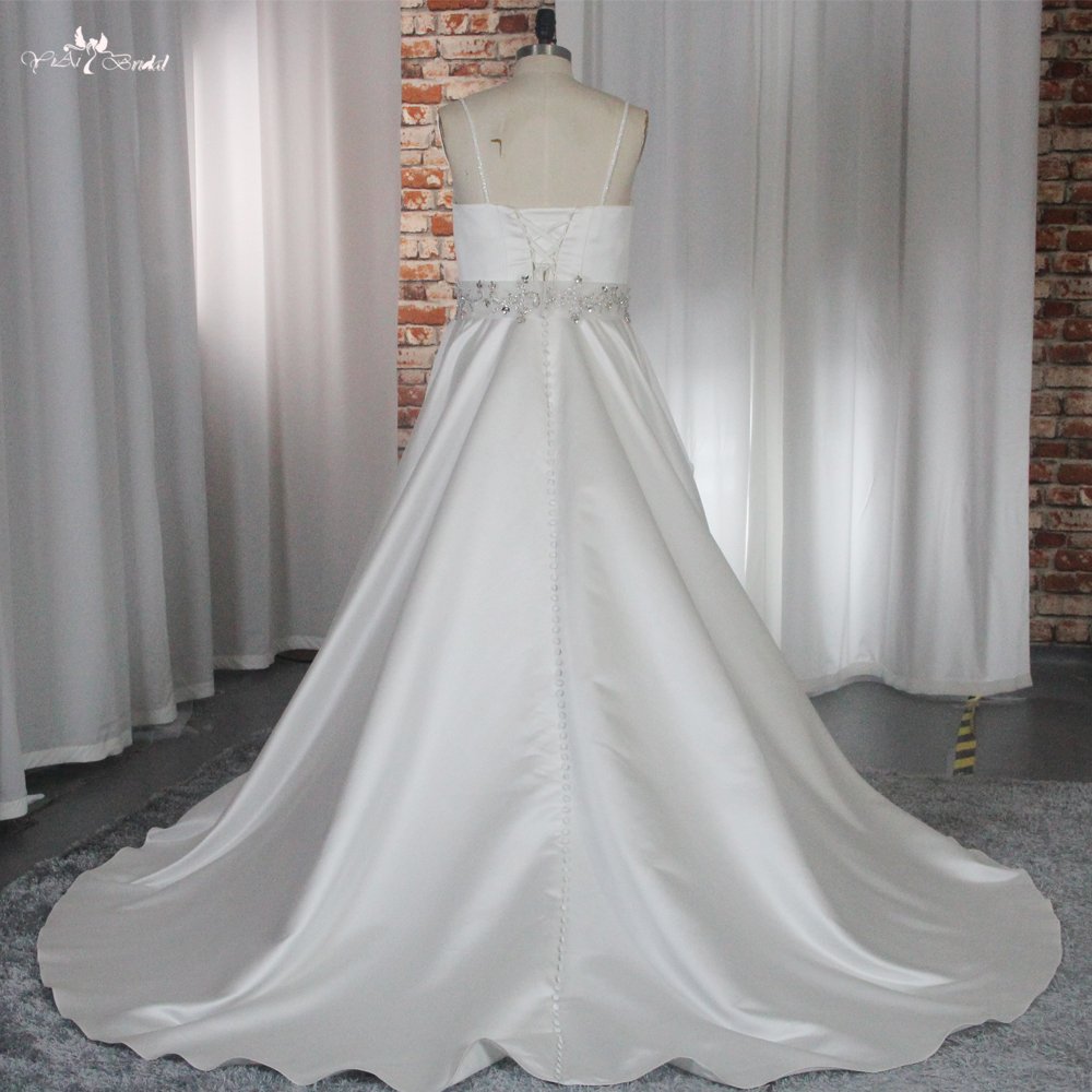 RSW1862 A line Satin Wedding Dress Crystal Beading Belt With Spaghetti Straps 9