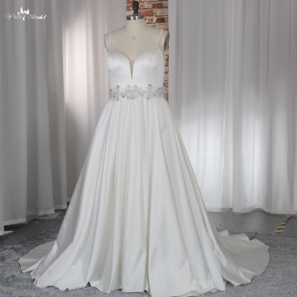 RSW1862 A line Satin Wedding Dress Crystal Beading Belt With Spaghetti Straps 6