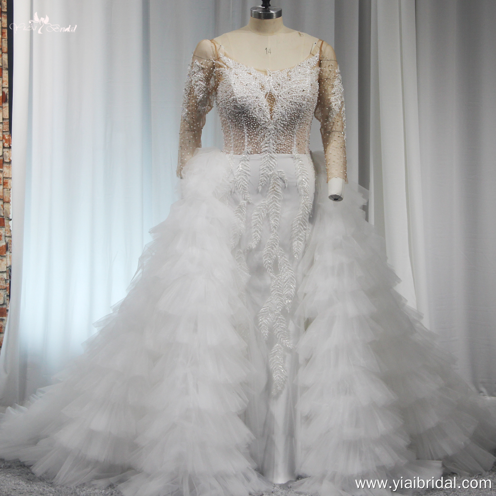 RSW1910 Kabarık fırfır etek çıkarılabilir tren gelinlik uzun kollu lüks boncuk gelin elbisesi 9