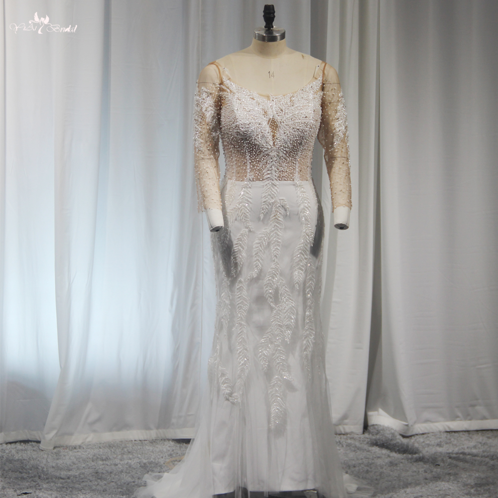 RSW1910 Kabarık fırfır etek çıkarılabilir tren gelinlik uzun kollu lüks boncuk gelin elbisesi 12