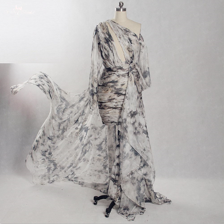 Painettu kuviollinen kangas Cocktail-mekot RSE858 Seksikäs avoin rintakehä, yksi olkapää Naisten kevään kesän juhlamekko 5